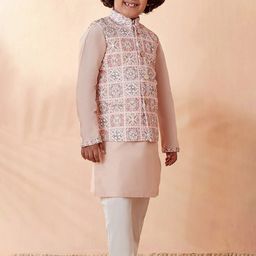 Manyavar Boys Cream-Coloured Printed Kurta with Pyjamas and Nehru Jacket-image-62