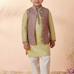 Manyavar Boys Kurta With Pyjamas & Printed Nehru Jackect-image-6