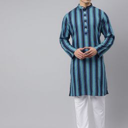 Tulsattva Men Blue Pure Cotton Striped Kurta with Pyjamas-image-40
