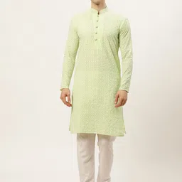 Jompers Men Green Floral Chikankari Pure Cotton Kurta with Pyjamas-image-6