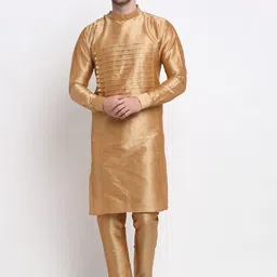 Benstoke Men Khaki Angrakha Dupion Silk Kurta with Pyjamas-image-49