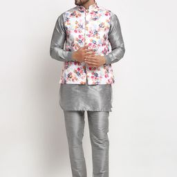 Benstoke Men Grey Floral Layered Dupion Silk Kurta Pyjama With Nehru Jacket-picture-1