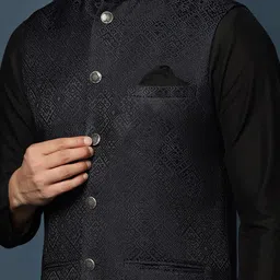 KISAH Men Textured Regular Fit Geometric Pattern Kurta Jacket Churidar Set image 2