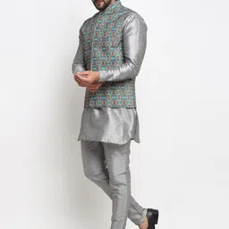 Benstoke Men Grey Floral Dupion Silk Kurta With Pyjamas & Nehru Jacket Set image 5