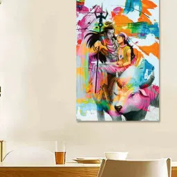 da monica Shiva-Parvati-Nandi Multicolour Canvas Teakwood And MDF Framed Spiritual Art Print-picture-1