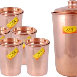 Plane Shinee Design Pure Copper Jug / Pitcher With 6 Glasses - Drinkware Set - ( Capacity - 1.6 Liter ) - 7 Pieces Set Jug Glass Set-picture-5