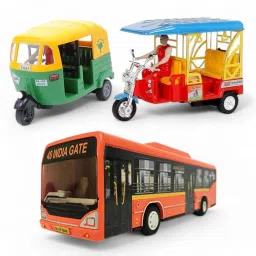 CNG Auto, Low Floor Bus & E-Rickshaw Combo For Kids, Pull Back, Durable Quality-image-47