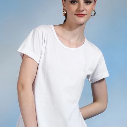 Women Solid Round Neck Cotton Blend White T-Shirt-image-58