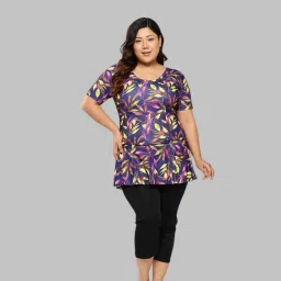 Womens Sports Wear Purple-Black Colour Floral Print Nylon Plus Size Swim Suit Printed Women Swim-dress Purple Swimsuit-image-89