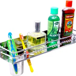 Stainless Steel Stylist 3 in 1 Multipurpose Bathroom Shelf/Rack/Towel Hanger/Tumbler Holder/Toothrush stand/Towel Rod/Bathroom Accessories/Wall shelf (15 x 5 Inches, 1 Pcs.) Steel Wall Shelf-image-35