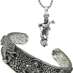 Adjustable God Mahabali Bajrangbali Hanuman Ji Kada Bangle With Pendant Locket Silver Stainless Steel, Metal Pendant Set-image-29