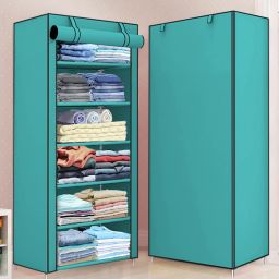1 Door 6 Shelf Fabric PP Carbon Steel Collapsible Wardrobe-image-38