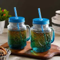 ceradeco Set of Blue Coloured Mason Jar With Metal Lid & Straw 480 Ml Each-picture-23
