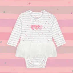 mothercare Infant Girl White & Grey Striped Pure Cotton Frock Style Bodysuit-image-38