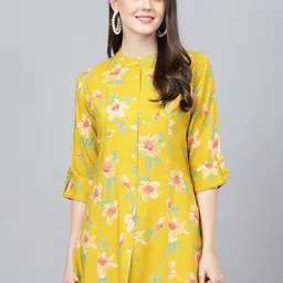 Divena Floral Print Mandarin Collar Roll-Up Sleeves Top-24
