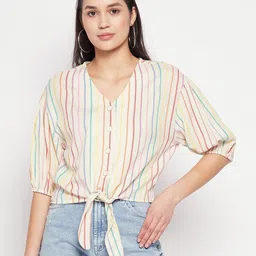 Madame Waist Tie-Up V-Neck Striped Shirt Style Top-picture-21