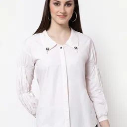 BLANC9 Off White Embellished Pure Cotton Shirt Style Top-image-48
