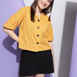 CLEMIRA Striped Puff Sleeve Crepe Shirt Style Top-picture-46