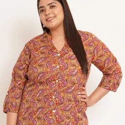 U&F Beyond Plus Size Ethnic Motifs Printed Mandarin Collar Roll-Up Sleeves Shirt Style Top-picture-52