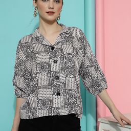 CLEMIRA Ethnic Motifs Print Shirt Collar Puff Sleeve Top-image-12