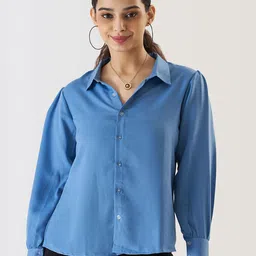 Prettify Blue Cuffed Sleeve Shirt Style Top-image-88