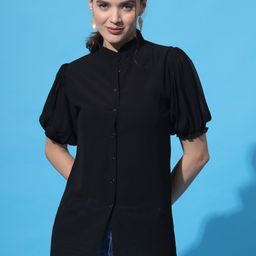 Purple Feather Band Collar Pleated Puff Sleeves Shirt Style Top-image-3