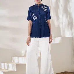 Fusionic Solid Mandarin Collar Pure Silk Embroidered Top-picture-5