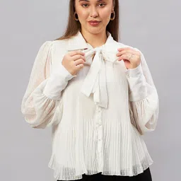 Antheaan Elit Tie-Up Neck Cuffed Sleeves Chiffon Shirt Style Top-picture-37