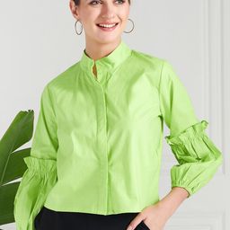 Athena Immutable Lime Green Shirt Collar Cuffed Sleeves Ruffled Cotton Shirt Style Top-image-60