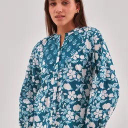 QOMN Floral Print Mandarin Collar Puff Sleeve Cotton Shirt Style Top-picture-22