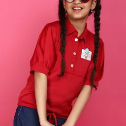 V-Mart Girls Waist Tie-Up Shirt Collar Puff Sleeves Shirt Style Top-picture-25