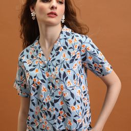 Tokyo Talkies Blue & Red Floral Print Cotton Shirt Style Top-image-80