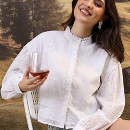 Tokyo Talkies White Self Design Schiffli Band Collar Cuffed Sleeves Shirt Style Top-image-50