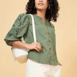Honey by Pantaloons Mandarin Collar Cotton Shirt Style Top-11