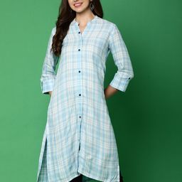 V-Mart Checked Mandarin Collar Roll-Up Sleeves Cotton Shirt Style Top-image-25