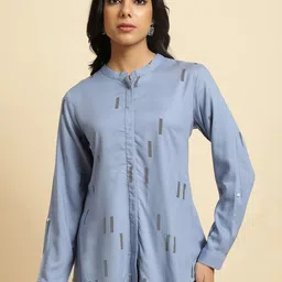 W Blue Floral Print Mandarin Collar Shirt Style Top-35