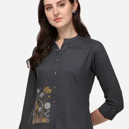 PrettifyWomen Grey Floral Embroidered Mandarin Collar Shirt Style Top-image-7