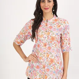 Divena Floral Printed Mandarin Collar Roll-Up Sleeves Top-picture-38