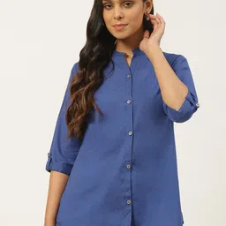 Vastraa Fusion Blue Mandarin Collar Roll-Up Sleeves Shirt Style Top-image-40