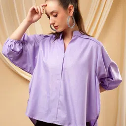 Bani Women Purple Mandarin Collar High Low Top-47