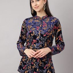 Divena Blue Floral Print Tie-Up Neck Velvet Shirt Style Top-picture-31