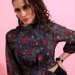 KETCH Floral Printed High Neck Waist Tie-Ups Top-image-93
