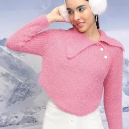 Tokyo Talkies Pink Abstract Self Design Asymmetric Collar Acrylic Pullover Crop Sweater-18