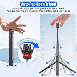 WeCool F-S7 Auto Pop Open Tripod Stand with 9 section telescopic Height adjustable pole extendable upto 175cm Bluetooth Selfie Stick image 2