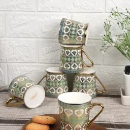 Pack of 6 Bone China Golden Leaves Pattern Fine Bone China Golden Tea Cups 160ML, Set of 6-15