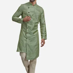 THE KURTA COMPANY Ethnic Motifs Woven Design Mandarin Collar Pure Jacquard Angrakha Kurta-image-26