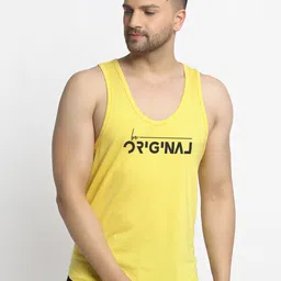 Friskers Men Yellow & Black Printed Cotton Apple Cut Gym Vest-image-79