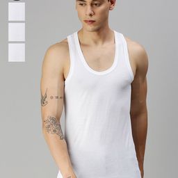 ONN Men Pack Of 4 White Solid Pure Cotton Innerwear Gym Vests-image-43