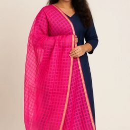 Cotton Blend Checkered Pink Women Dupatta-image-83