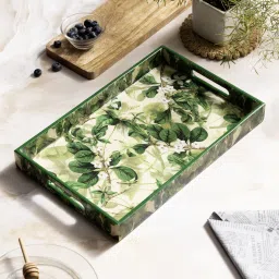 Wooden Rectangle Serving Tray with Enamel Coating Leaves Design 14x9 inches Tray-13